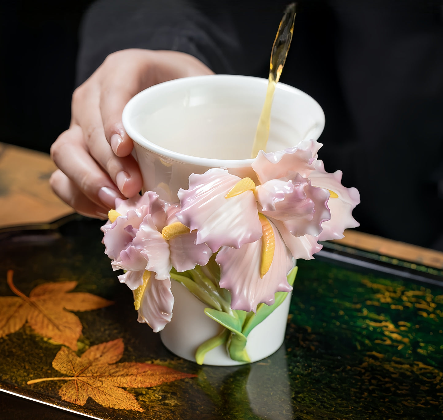 Intangible Cultural Heritage Hand-Sculpted Ceramic Iris Flower Cola Cup Coffee Mug - 100% Handcrafted