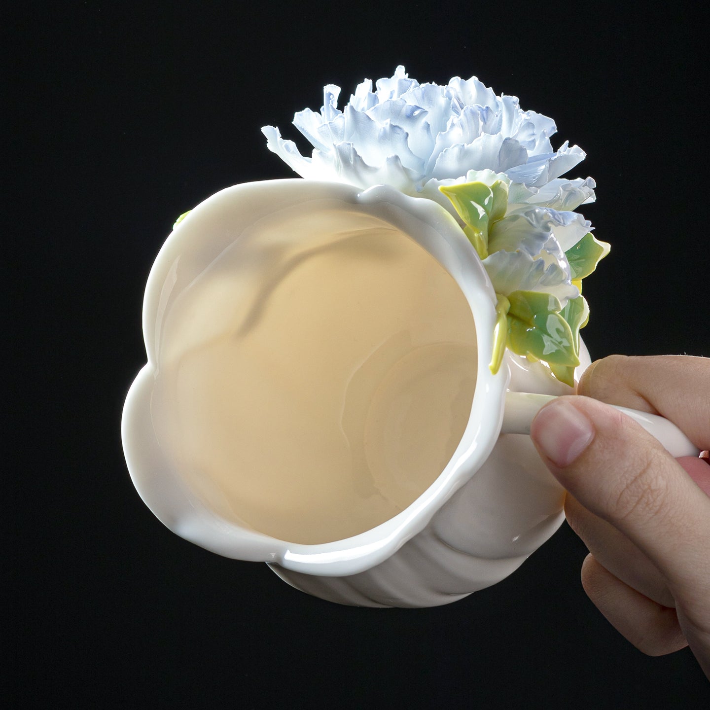 Intangible Cultural Heritage Hand-Sculpted Floral Ceramic Cup (Gathering Light Among Flowers - Misty Rain Blue) - 100% Handcrafted