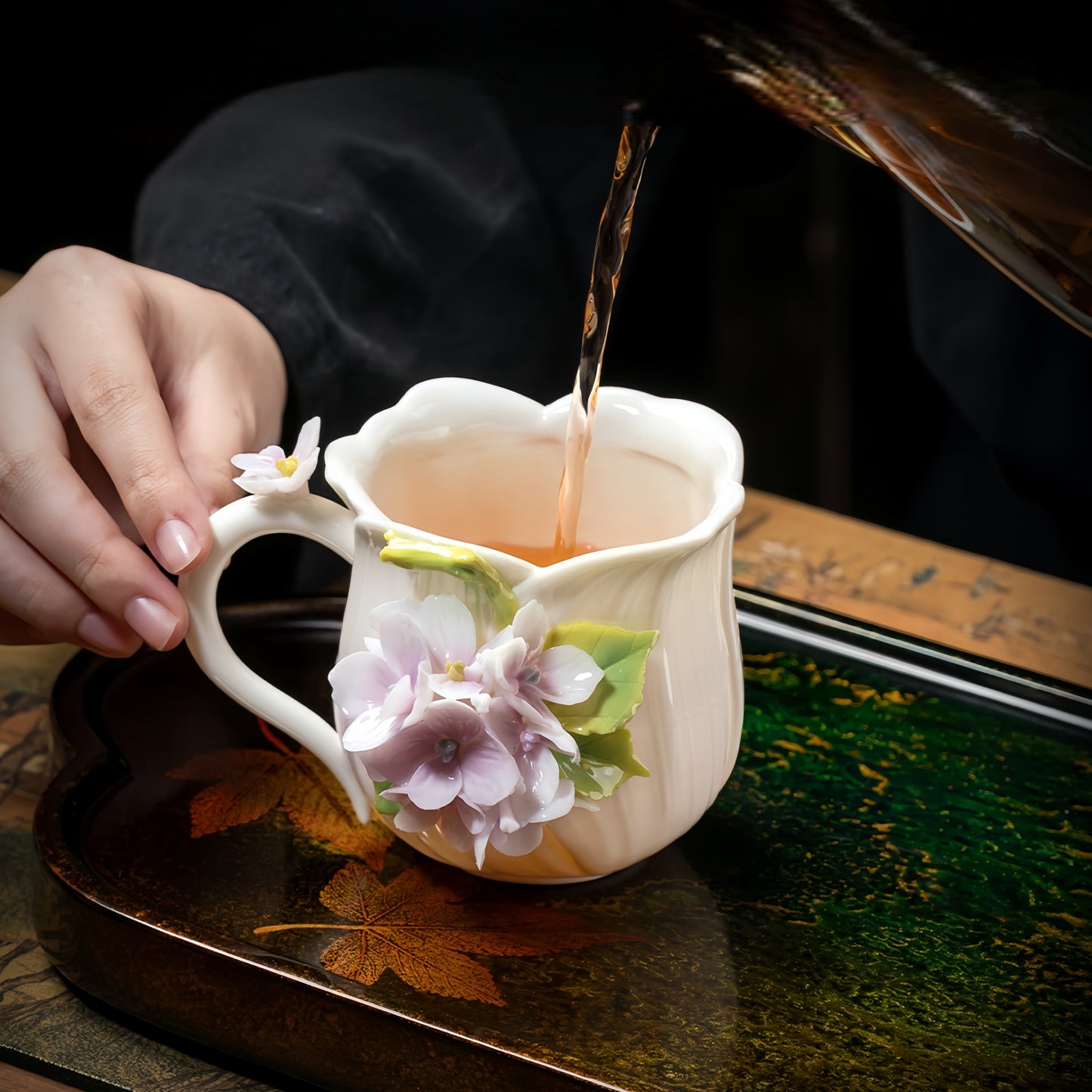 Intangible Cultural Heritage Hand-Sculpted Ceramic Hydrangea Water Cup Coffee Mug - 100% Handcrafted