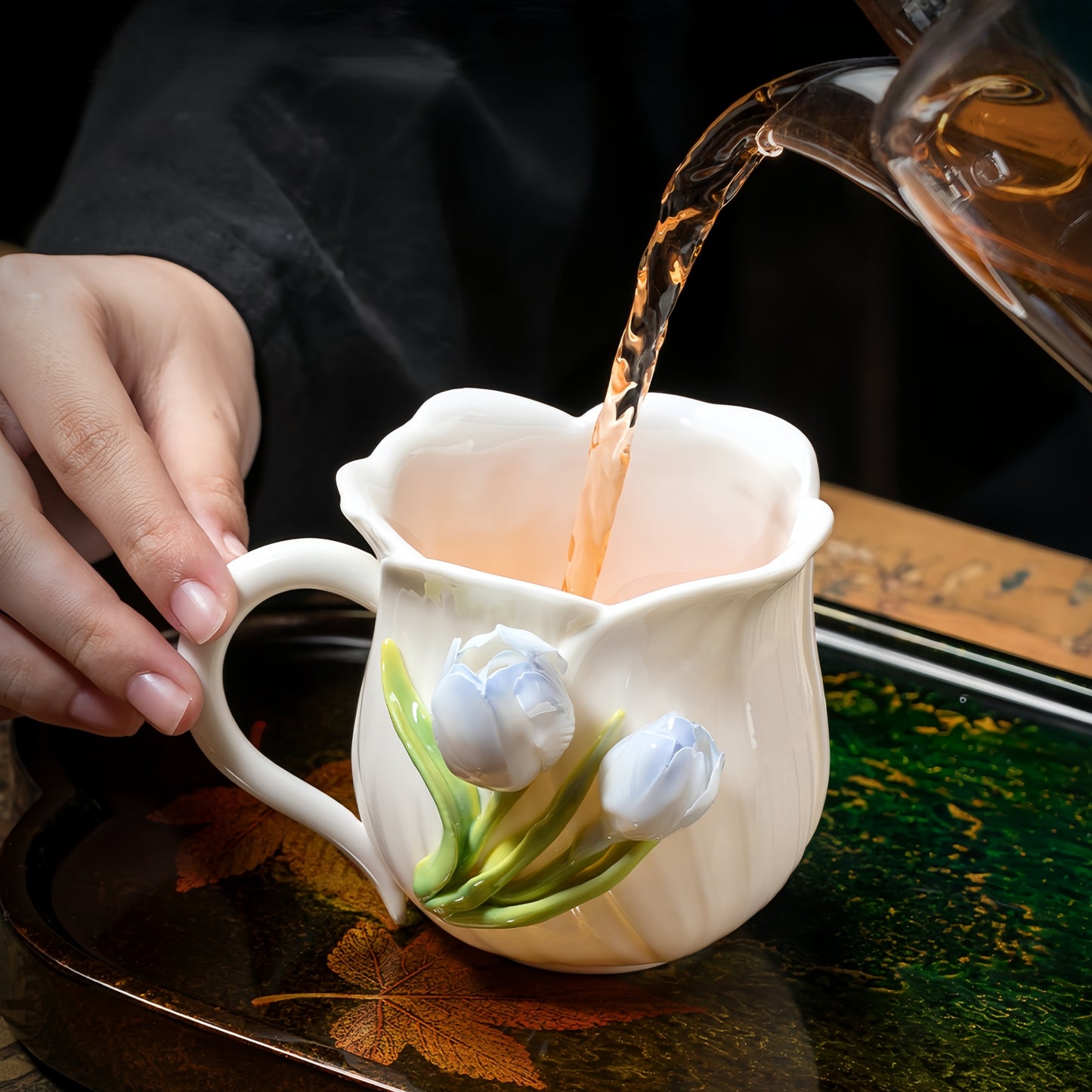 Intangible Cultural Heritage Hand-Sculpted Ceramic Tulip Flower Water Cup Coffee Cup(blue) - 100% Handcrafted