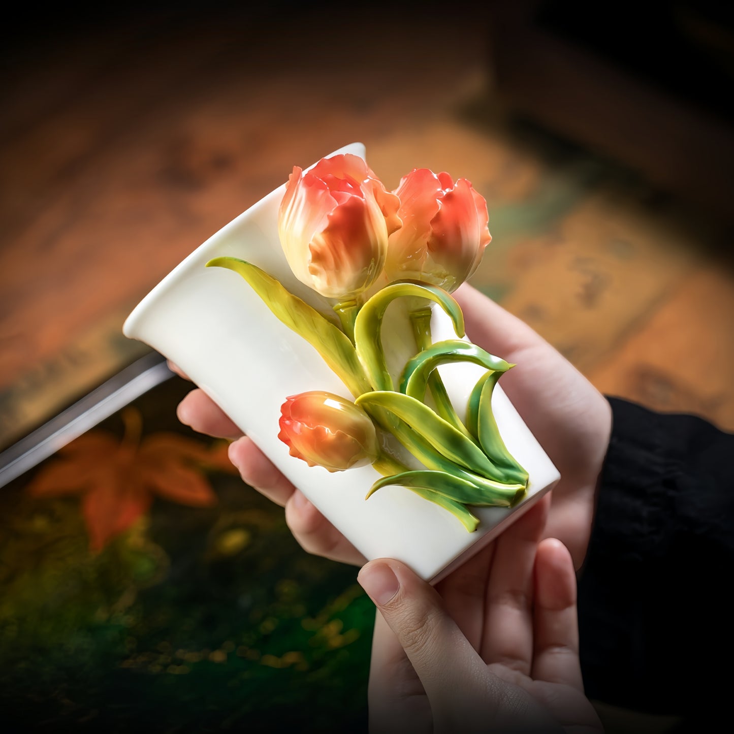 Intangible Cultural Heritage Hand-Sculpted Ceramic Tulip Flower Cola Cup Coffee Mug(red) - 100% Handcrafted