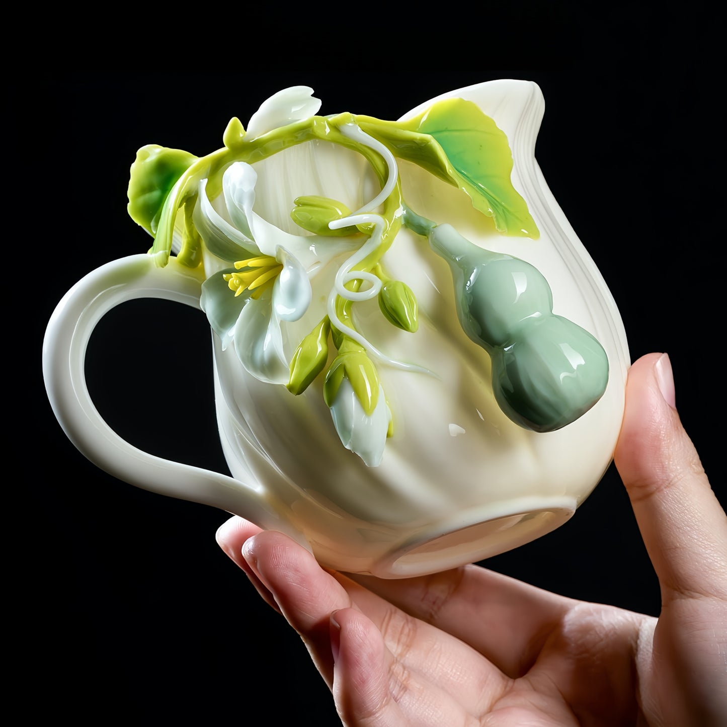 Intangible Cultural Heritage Hand-Sculpted Floral Ceramic Gourd Water Cup Coffee Mug - 100% Handcrafted