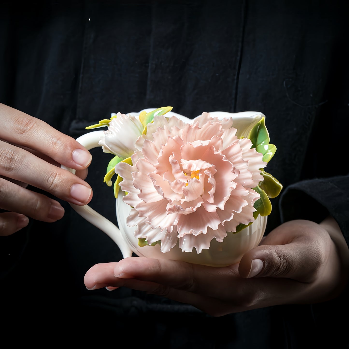 Intangible Cultural Heritage Hand-Sculpted Floral Ceramic Cup (Flower Glow - Pink Blush) - 100% Handcrafted