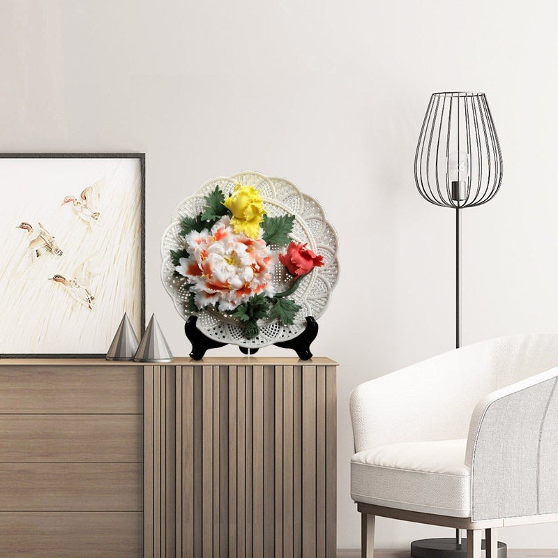 Ceramic handicrafts, peony hanging plate art ornaments, new Chinese living room decorative handicrafts, housewarming gifts