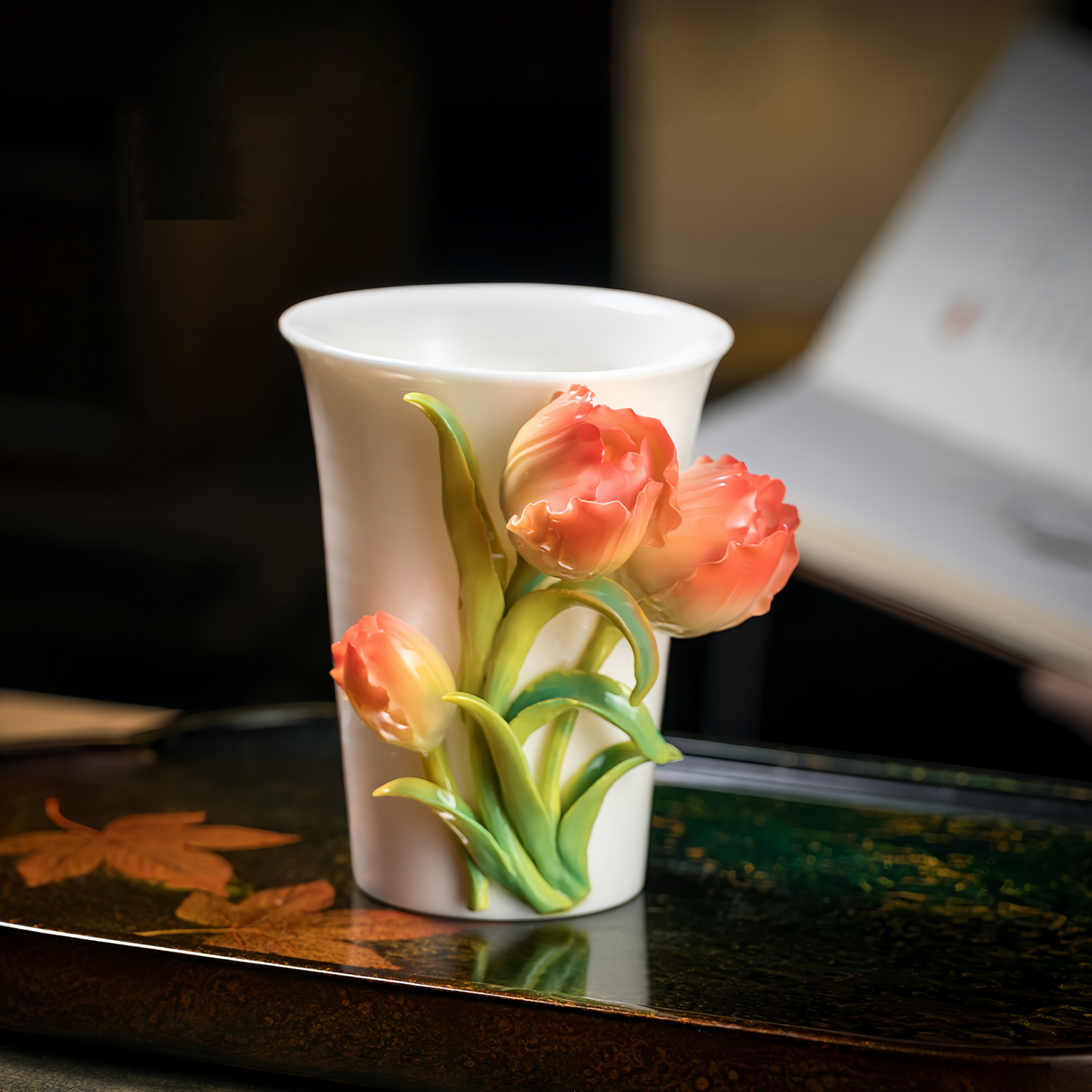 Intangible Cultural Heritage Hand-Sculpted Ceramic Tulip Flower Cola Cup Coffee Mug(red) - 100% Handcrafted