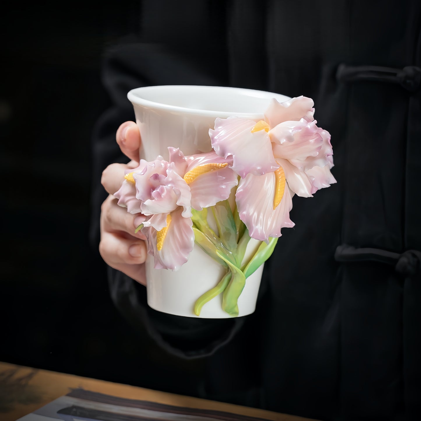 Intangible Cultural Heritage Hand-Sculpted Ceramic Iris Flower Cola Cup Coffee Mug - 100% Handcrafted