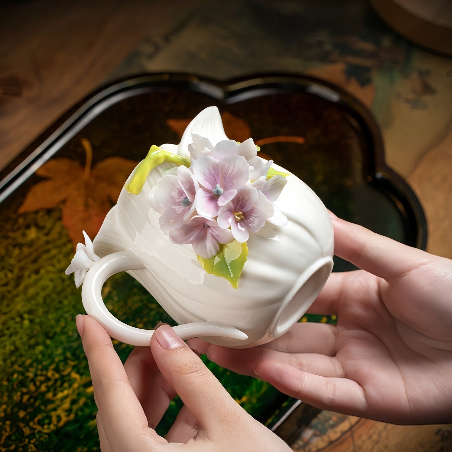 Intangible Cultural Heritage Hand-Sculpted Ceramic Hydrangea Water Cup Coffee Mug - 100% Handcrafted