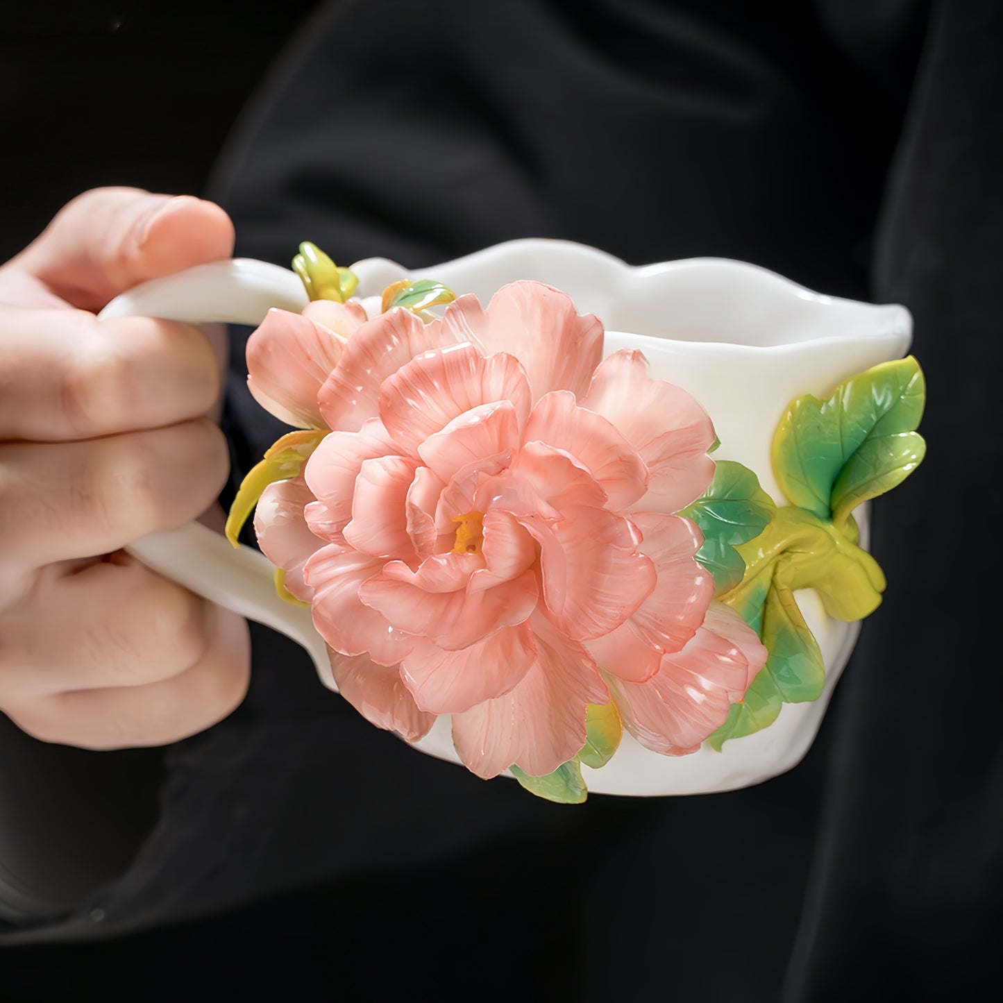 Intangible Cultural Heritage Hand-Sculpted Peony Ceramic Water Cup & Coffee Mug - 100% Handcrafted