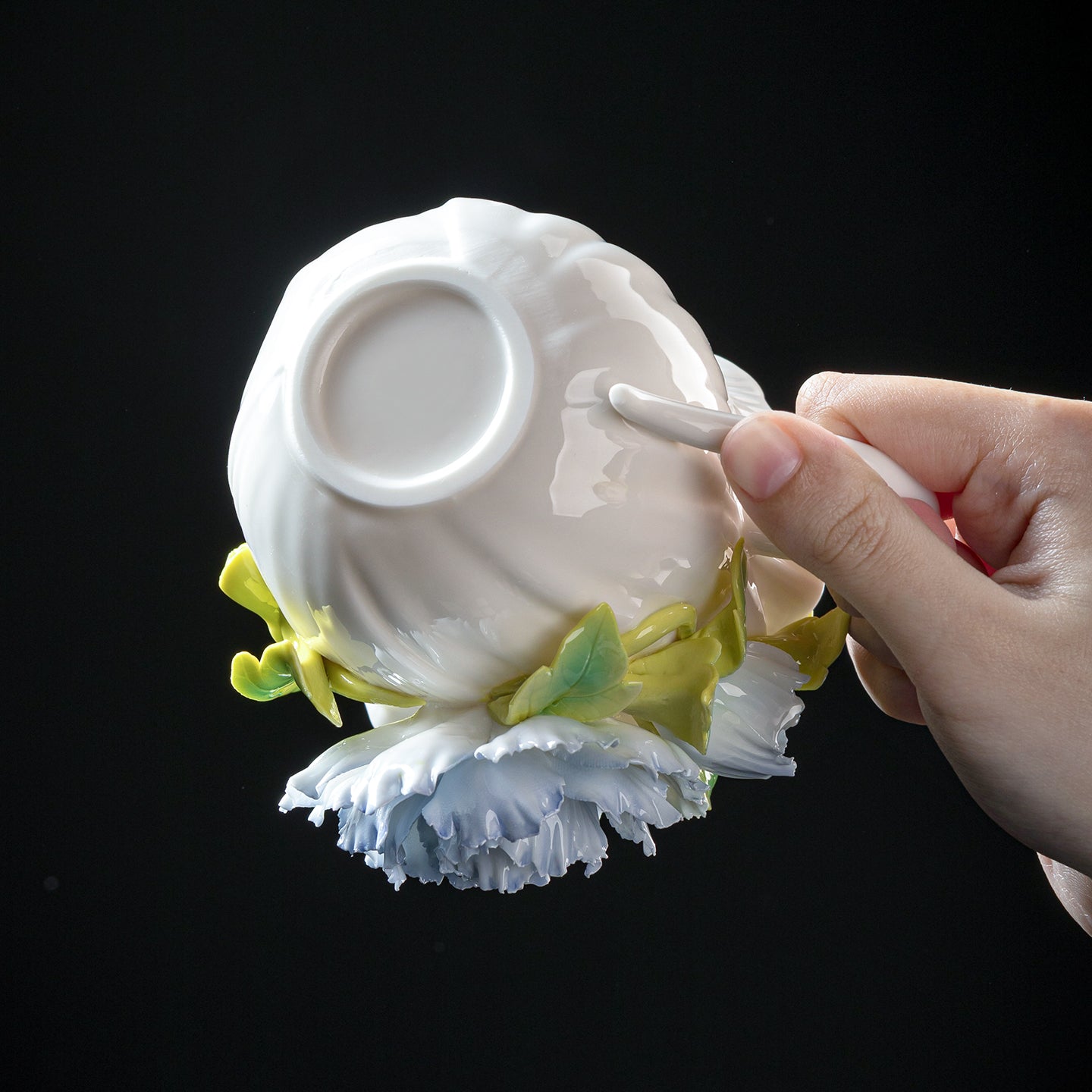 Intangible Cultural Heritage Hand-Sculpted Floral Ceramic Cup (Gathering Light Among Flowers - Misty Rain Blue) - 100% Handcrafted