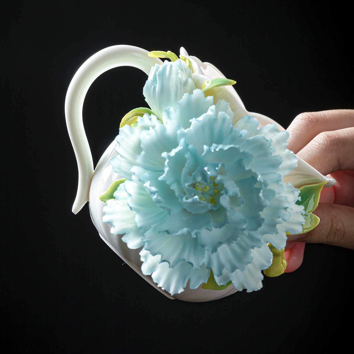 Intangible Cultural Heritage Hand-Sculpted Floral Ceramic Cup (Flower Glow - Cloud Tide Blue) - 100% Handcrafted