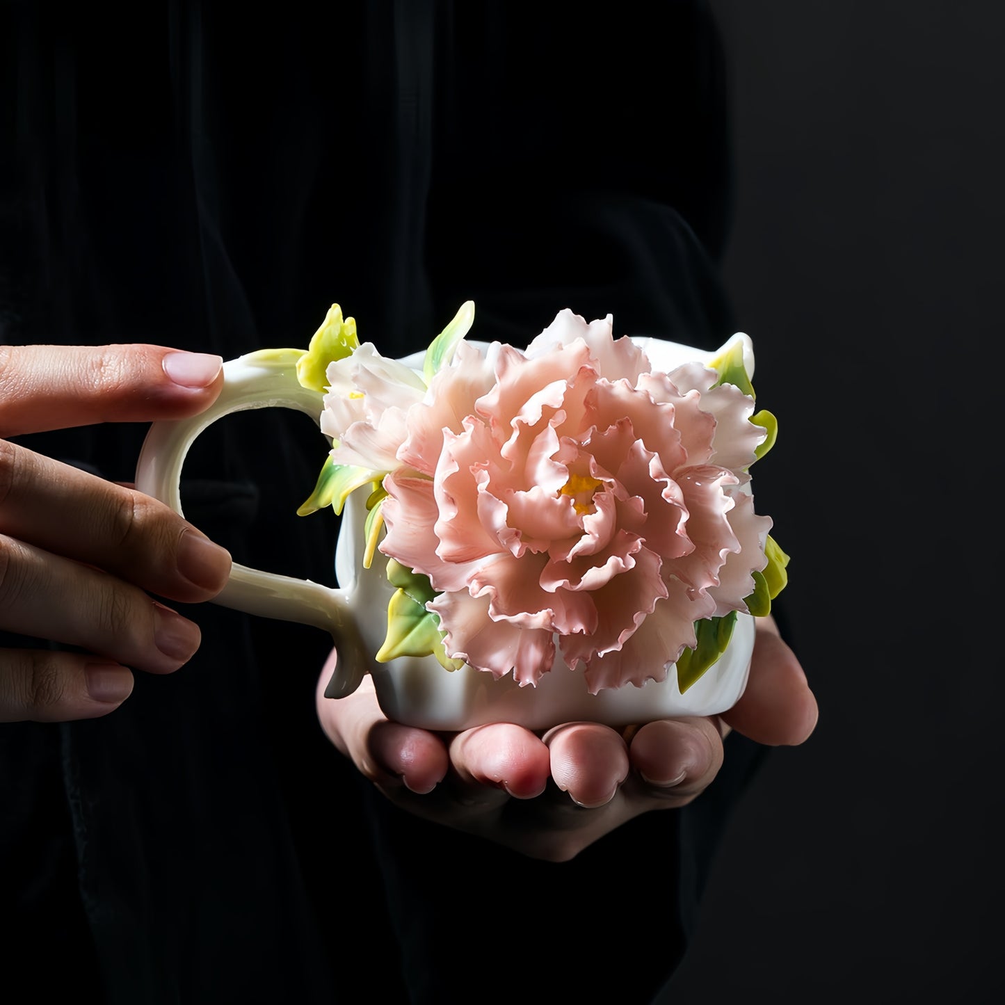 Hand-Sculpted Ceramic Peony Flower Coffee Cup - 100% Handcrafted