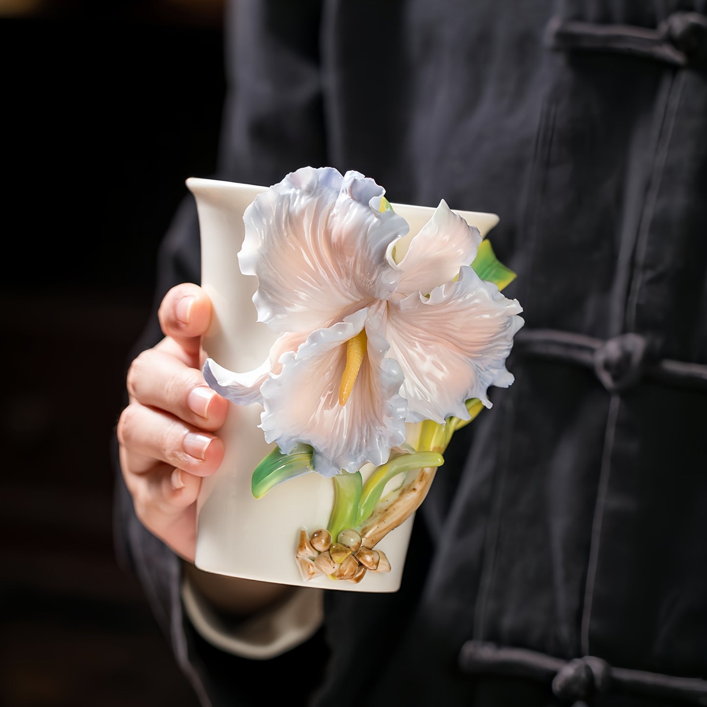 Intangible Cultural Heritage Hand-Sculpted Ceramic Blue Gradient Iris Cola Cup Coffee Mug - 100% Handcrafted