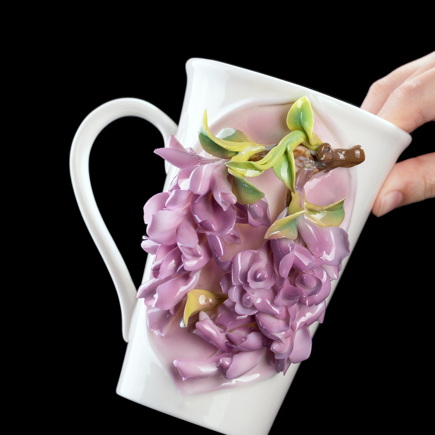 Intangible Cultural Heritage Hand-Sculpted Floral Ceramic Pear Blossom Tea Cup & Coffee Cup (Purple) - 100% Handcrafted