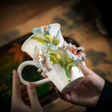 Intangible Cultural Heritage Hand-Sculpted Ceramic Gladiolus Flower Water Cup Coffee Mug (Ice Sea Blue) - 100% Handcrafted