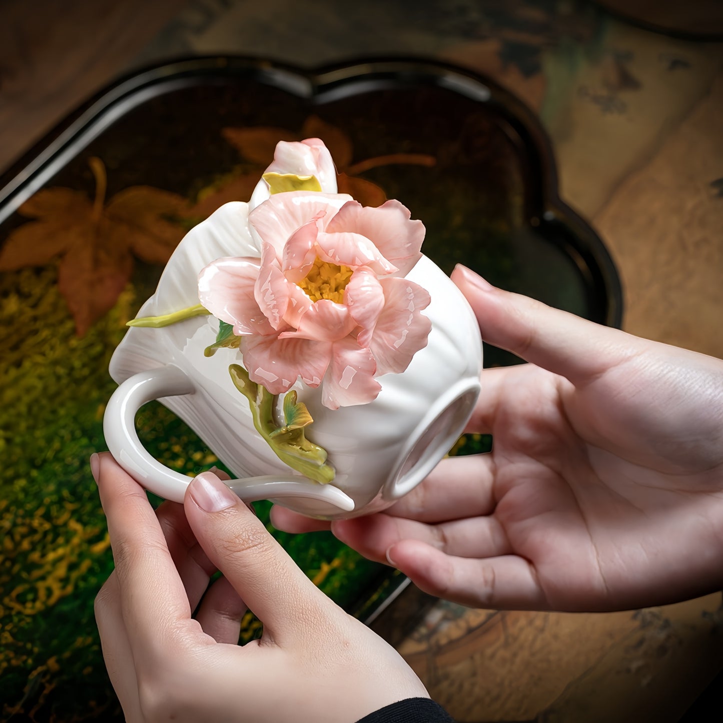 Intangible Cultural Heritage Hand-Sculpted Ceramic Peony Flower Water Cup Coffee Mug(red) - 100% Handcrafted