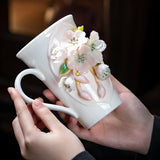 Intangible Cultural Heritage Hand-Sculpted Floral Ceramic Pear Blossom Tea Cup & Coffee Cup (Pink) - 100% Handcrafted