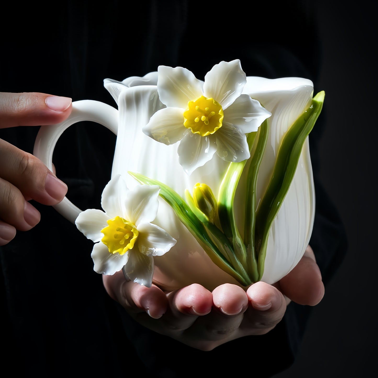 Intangible Cultural Heritage Hand-Sculpted Ceramic Narcissus Flower Water Cup Coffee Mug - 100% Handcrafted