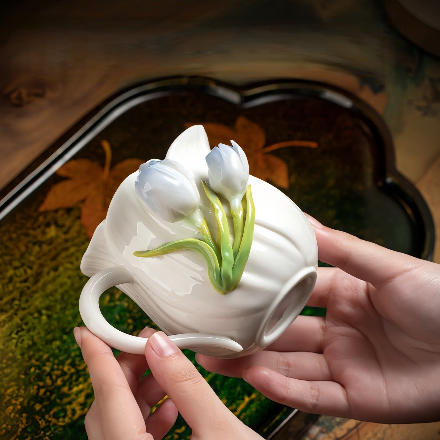 Intangible Cultural Heritage Hand-Sculpted Ceramic Tulip Flower Water Cup Coffee Cup(blue) - 100% Handcrafted