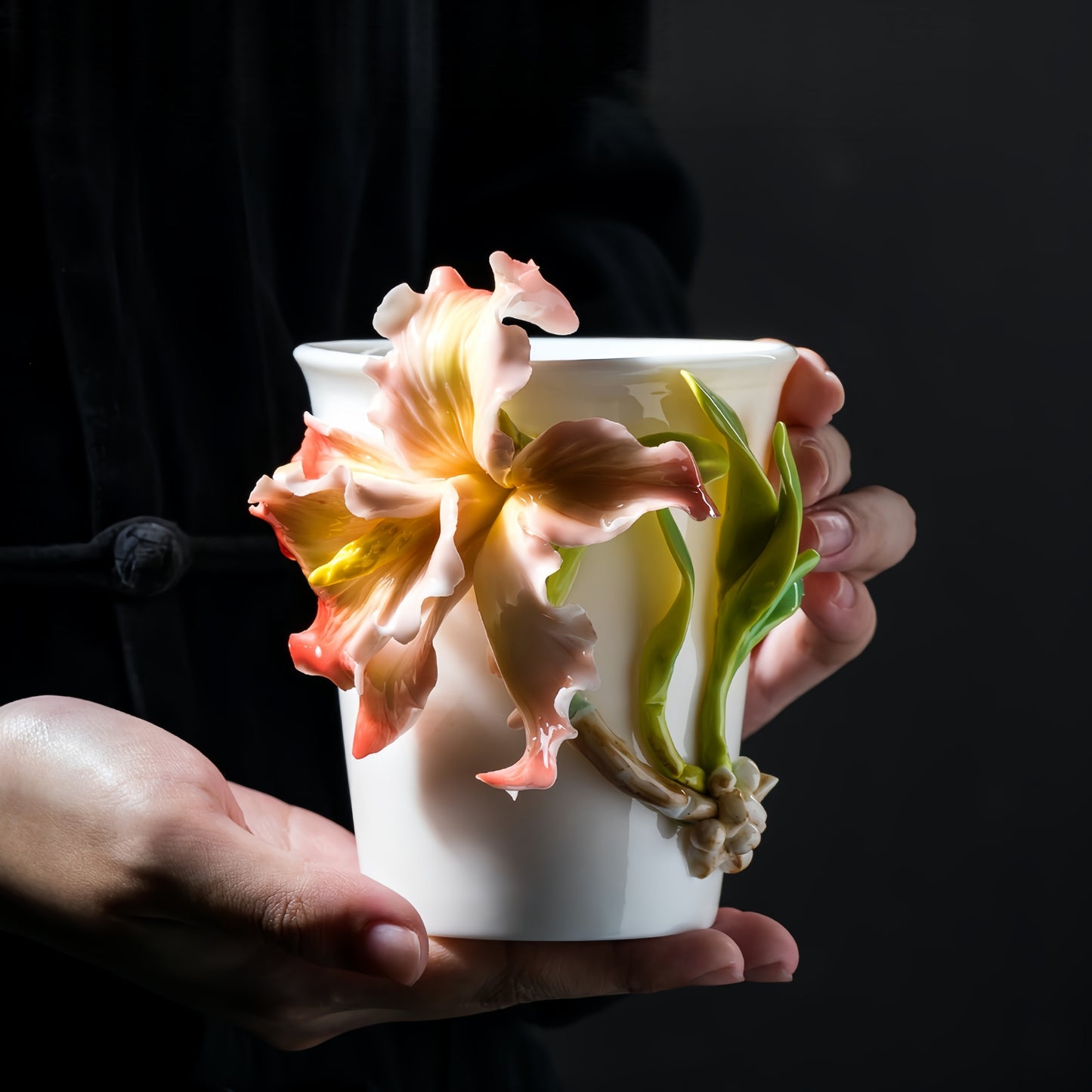 Iris Cola Cup Intangible Cultural Heritage Hand-Sculpted Floral Ceramic Mug Coffee Cup - 100% Handcrafted