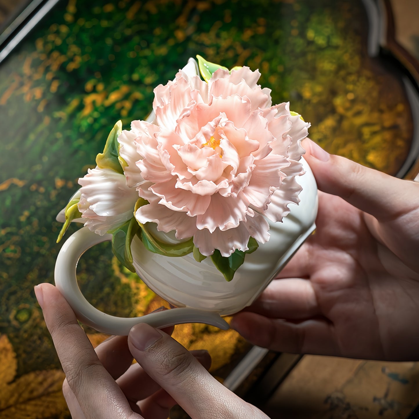 Intangible Cultural Heritage Hand-Sculpted Floral Ceramic Cup (Flower Glow - Pink Blush) - 100% Handcrafted