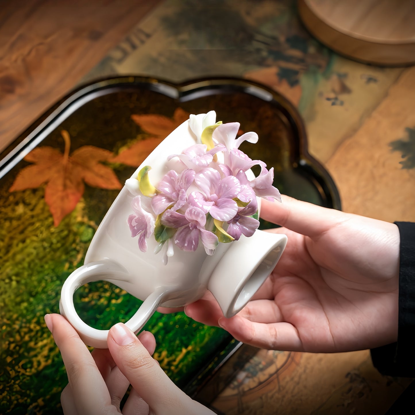 Intangible Cultural Heritage Hand-Sculpted Ceramic Hydrangea Water Cup Coffee Mug - 100% Handcrafted