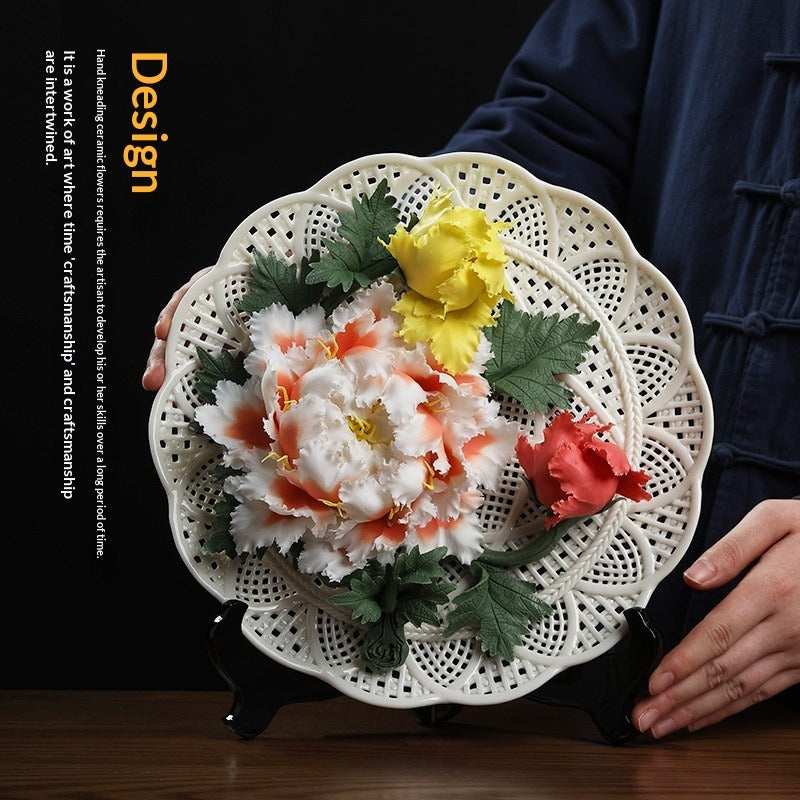 Ceramic handicrafts, peony hanging plate art ornaments, new Chinese living room decorative handicrafts, housewarming gifts