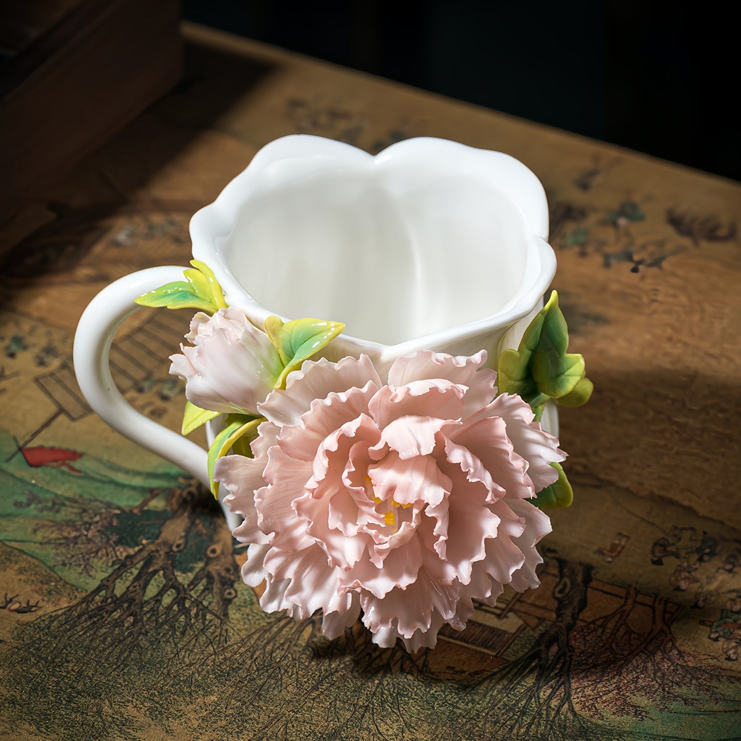 Intangible Cultural Heritage Hand-Sculpted Floral Ceramic Cup (Flower Glow - Pink Blush) - 100% Handcrafted