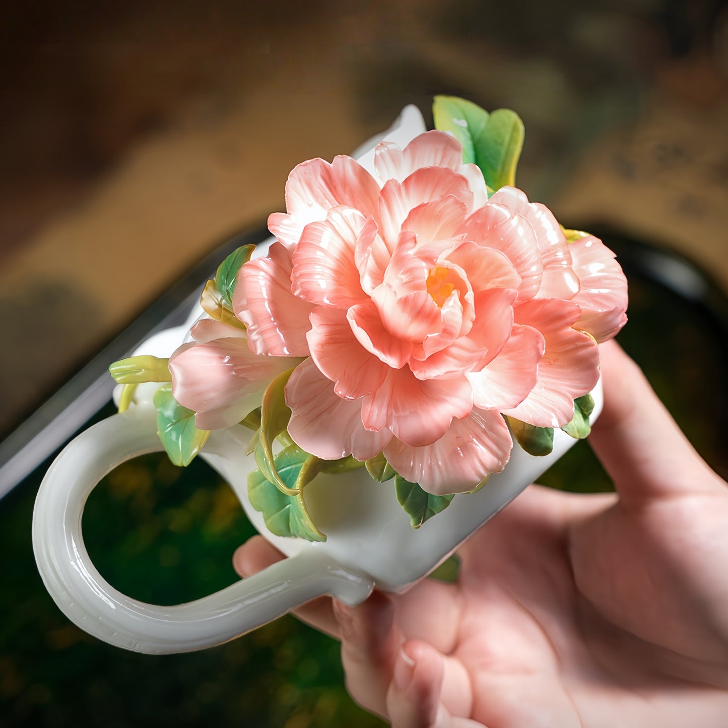Intangible Cultural Heritage Hand-Sculpted Peony Ceramic Water Cup & Coffee Mug - 100% Handcrafted