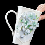 Intangible Cultural Heritage Hand-Sculpted Floral Ceramic Pear Blossom Tea Cup & Coffee Cup (Blue) - 100% Handcrafted