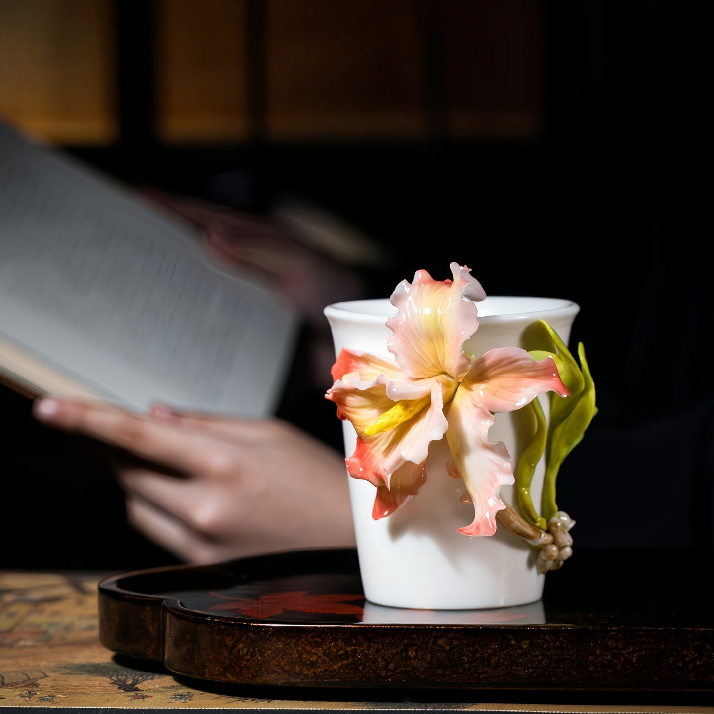 Iris Cola Cup Intangible Cultural Heritage Hand-Sculpted Floral Ceramic Mug Coffee Cup - 100% Handcrafted