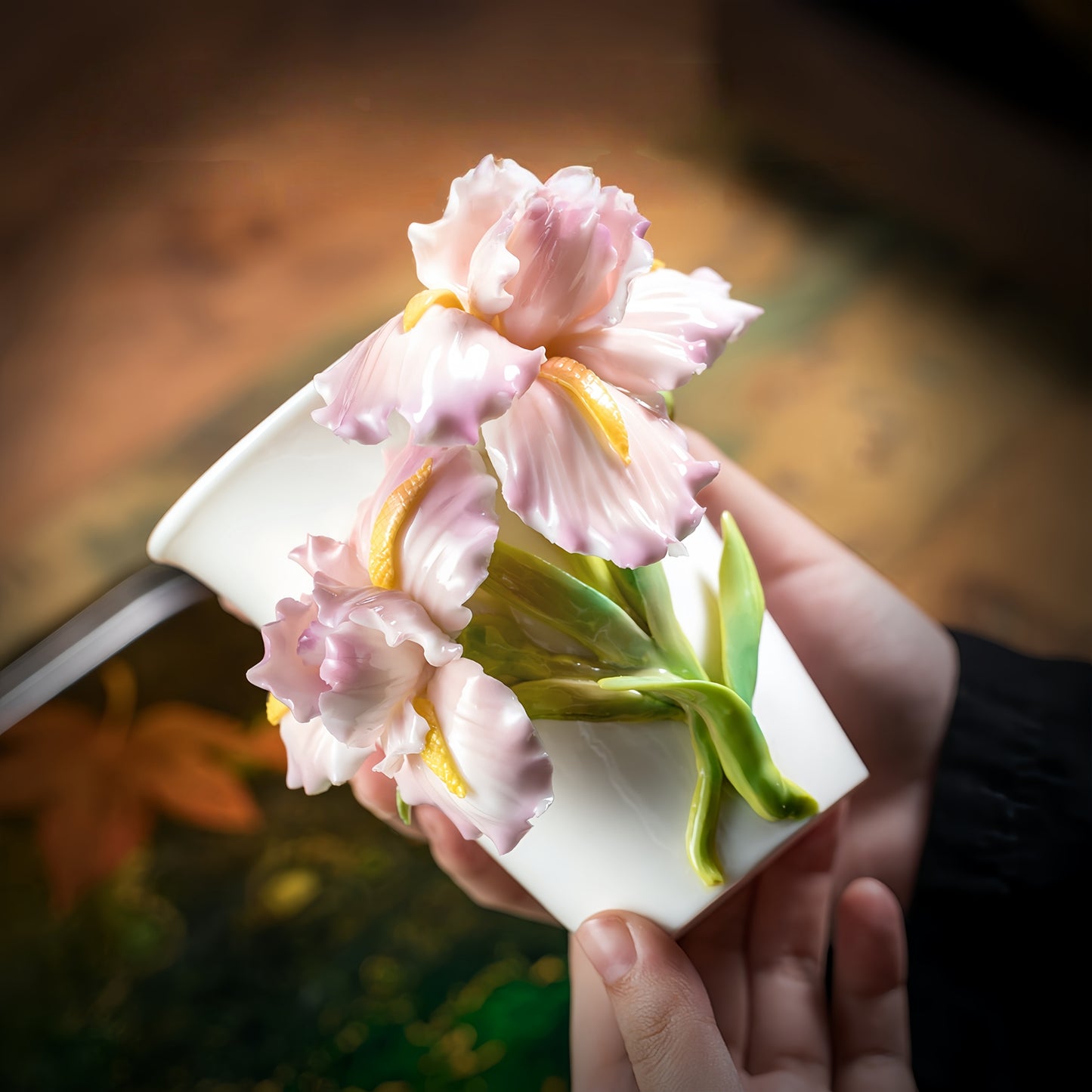 Intangible Cultural Heritage Hand-Sculpted Ceramic Iris Flower Cola Cup Coffee Mug - 100% Handcrafted