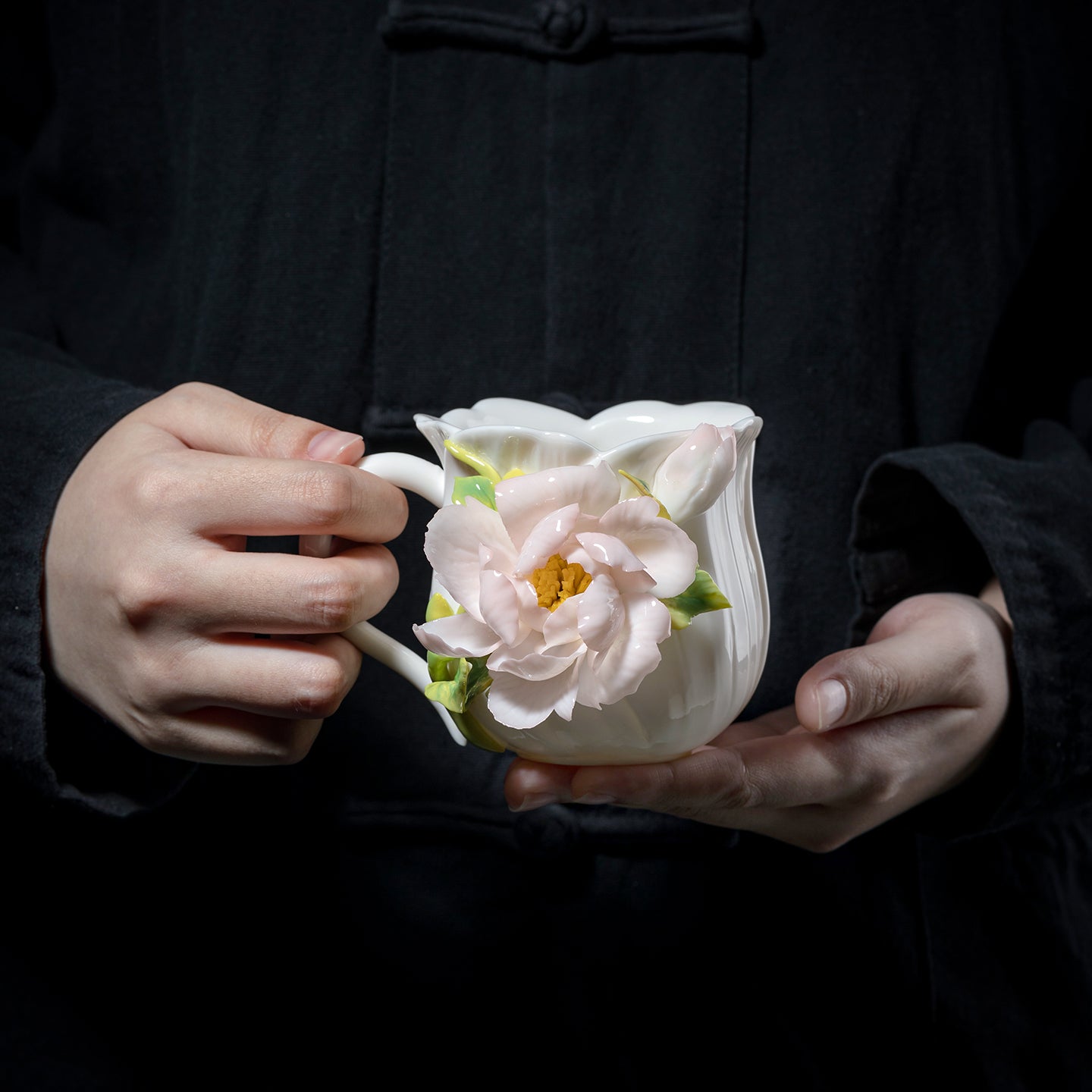 Intangible Cultural Heritage Hand-Sculpted Ceramic Peony Flower Water Cup Coffee Mug(pink) - 100% Handcrafted