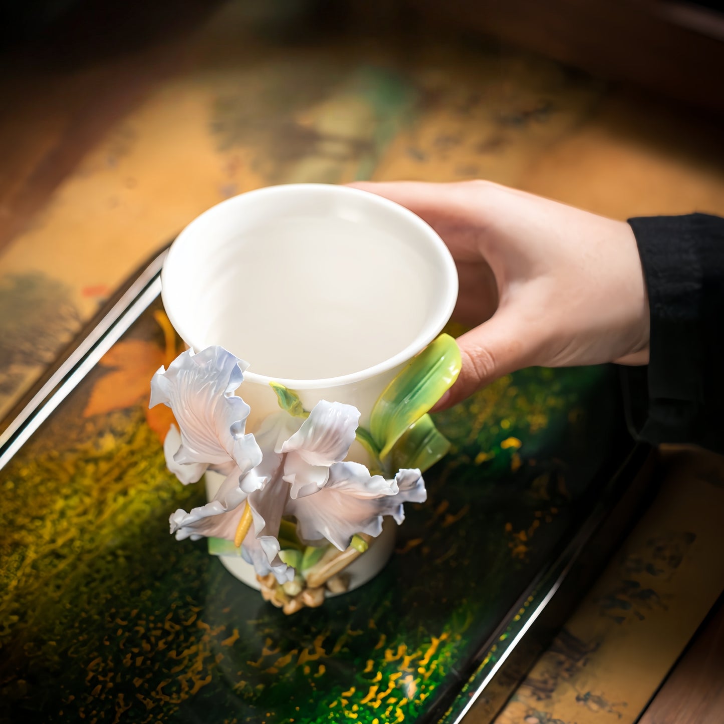 Intangible Cultural Heritage Hand-Sculpted Ceramic Blue Gradient Iris Cola Cup Coffee Mug - 100% Handcrafted