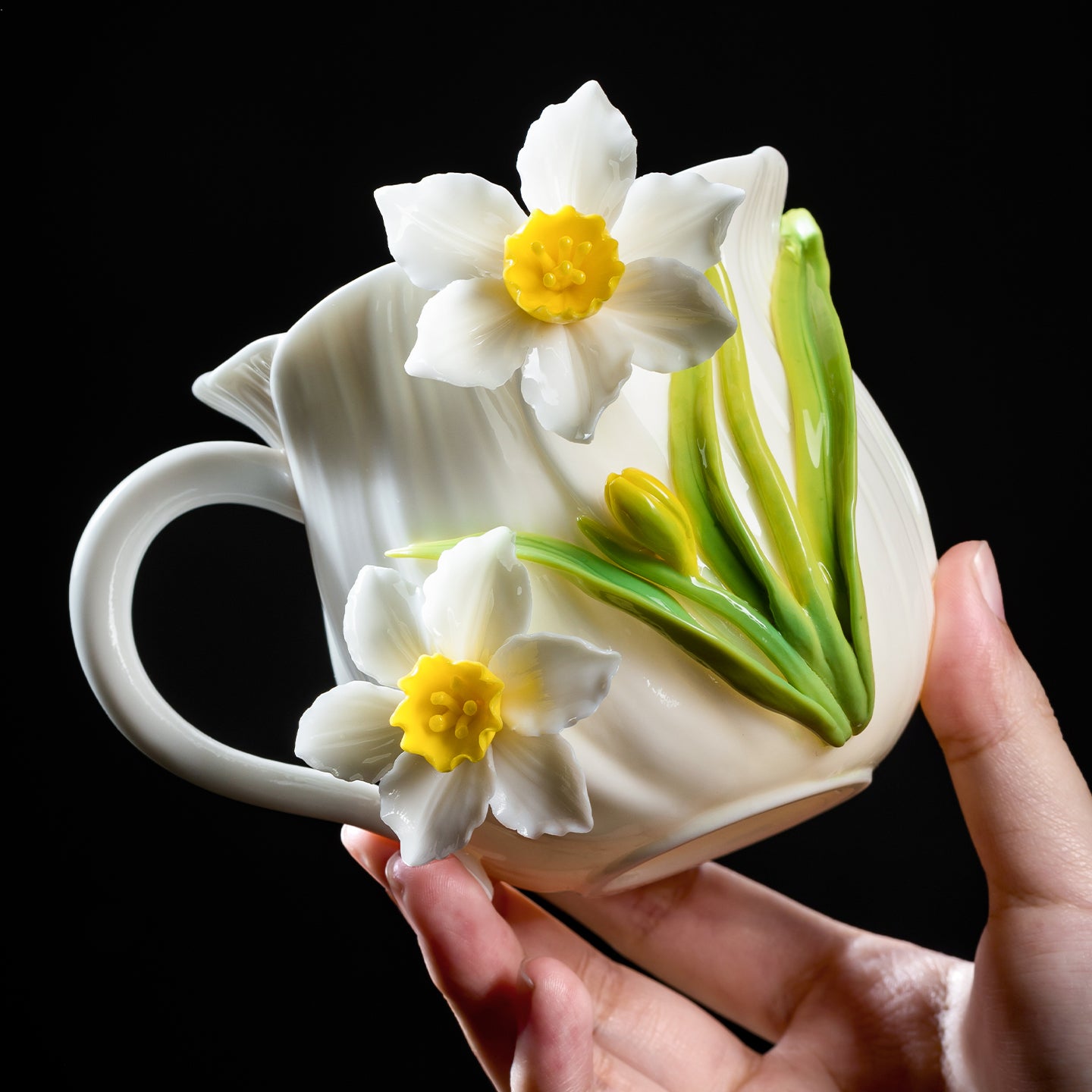 Intangible Cultural Heritage Hand-Sculpted Ceramic Narcissus Flower Water Cup Coffee Mug - 100% Handcrafted