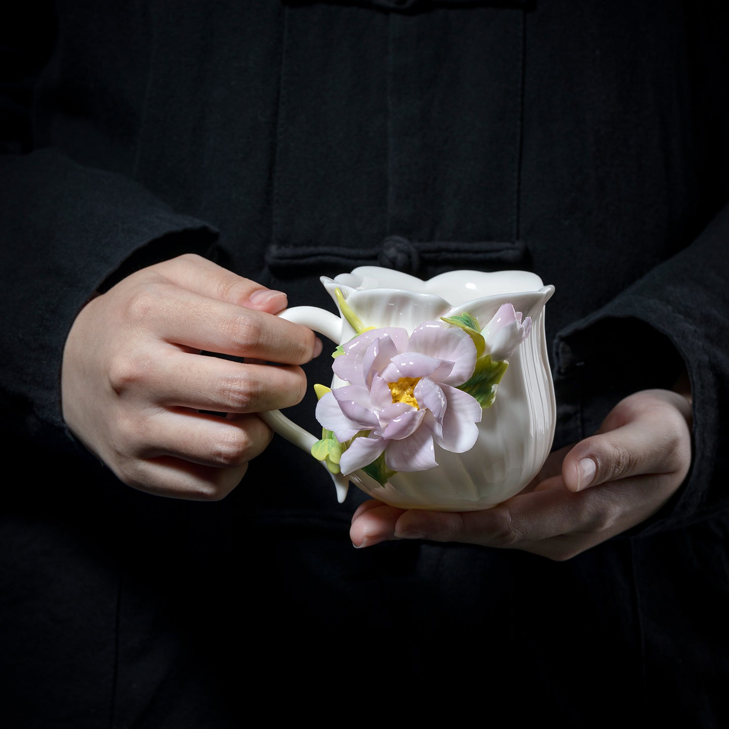 Intangible Cultural Heritage Hand-Sculpted Ceramic Peony Flower Water Cup Coffee Mug(purple) - 100% Handcrafted