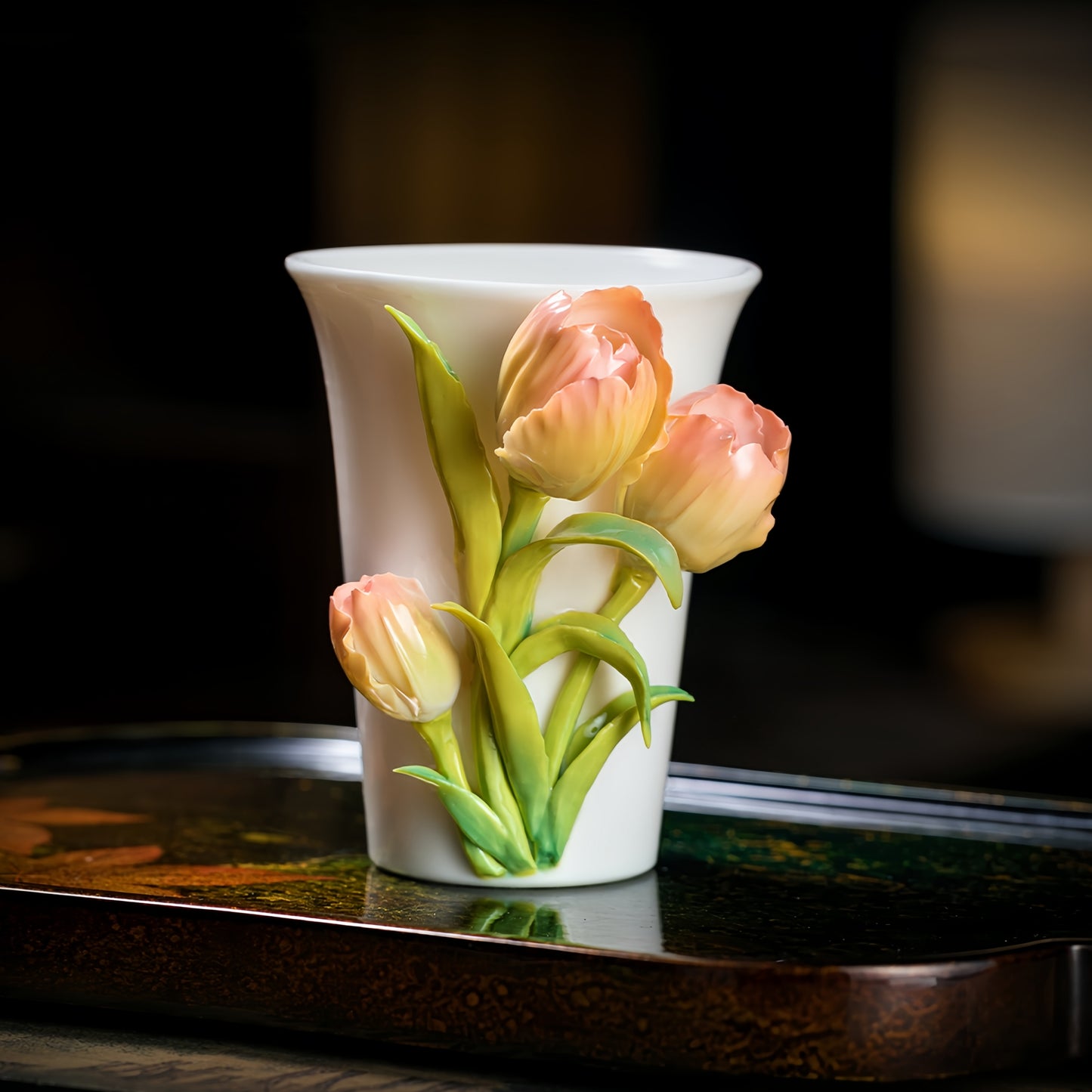 Intangible Cultural Heritage Hand-Sculpted Ceramic Tulip Flower Cola Cup Coffee Mug(pink) - 100% Handcrafted