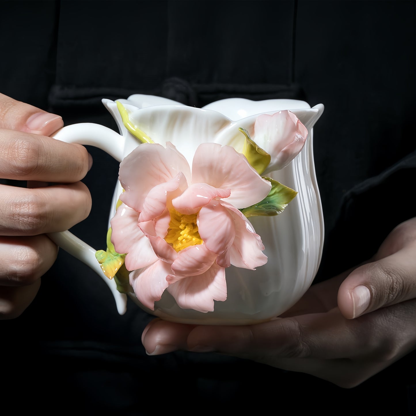 Intangible Cultural Heritage Hand-Sculpted Ceramic Peony Flower Water Cup Coffee Mug(red) - 100% Handcrafted