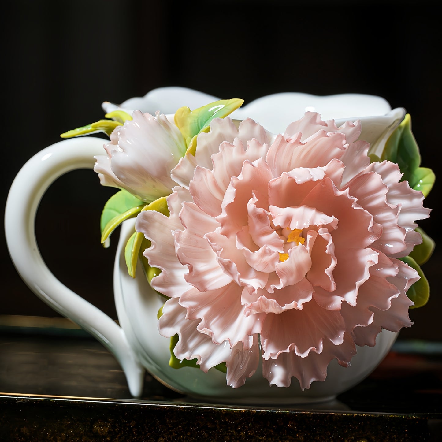 Intangible Cultural Heritage Hand-Sculpted Floral Ceramic Cup (Flower Glow - Pink Blush) - 100% Handcrafted