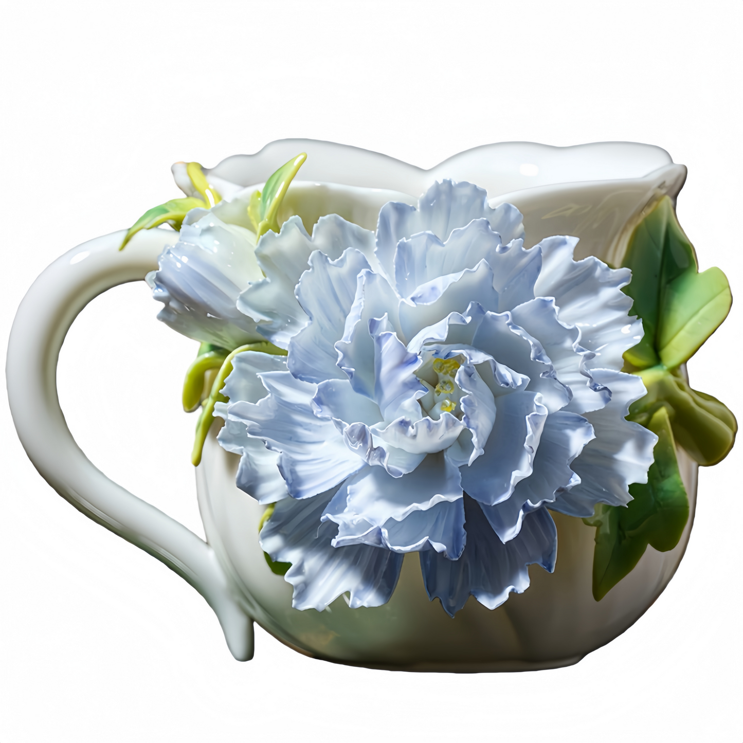 Intangible Cultural Heritage Hand-Sculpted Floral Ceramic Cup (Gathering Light Among Flowers - Misty Rain Blue) - 100% Handcrafted