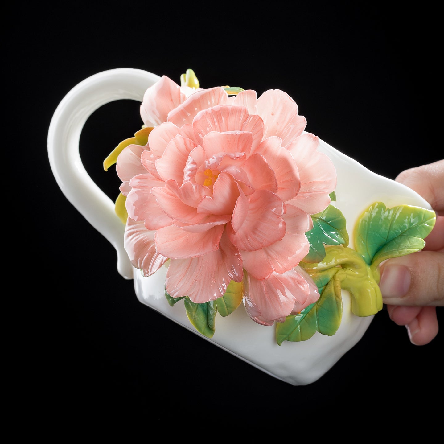Intangible Cultural Heritage Hand-Sculpted Peony Ceramic Water Cup & Coffee Mug - 100% Handcrafted