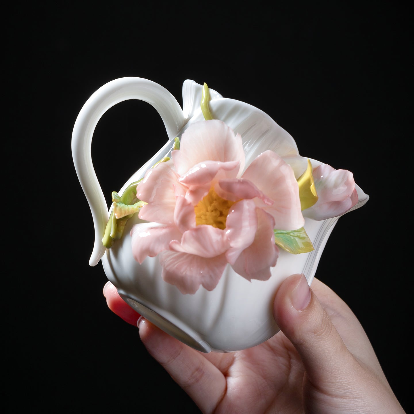 Intangible Cultural Heritage Hand-Sculpted Ceramic Peony Flower Water Cup Coffee Mug(red) - 100% Handcrafted