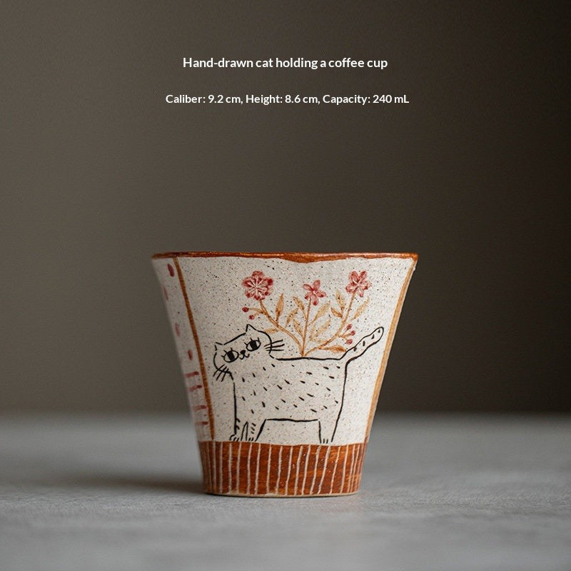 Handmade hand-painted underglaze cat coffee cup original ceramic simple cute teacup water cup girlfriend gift