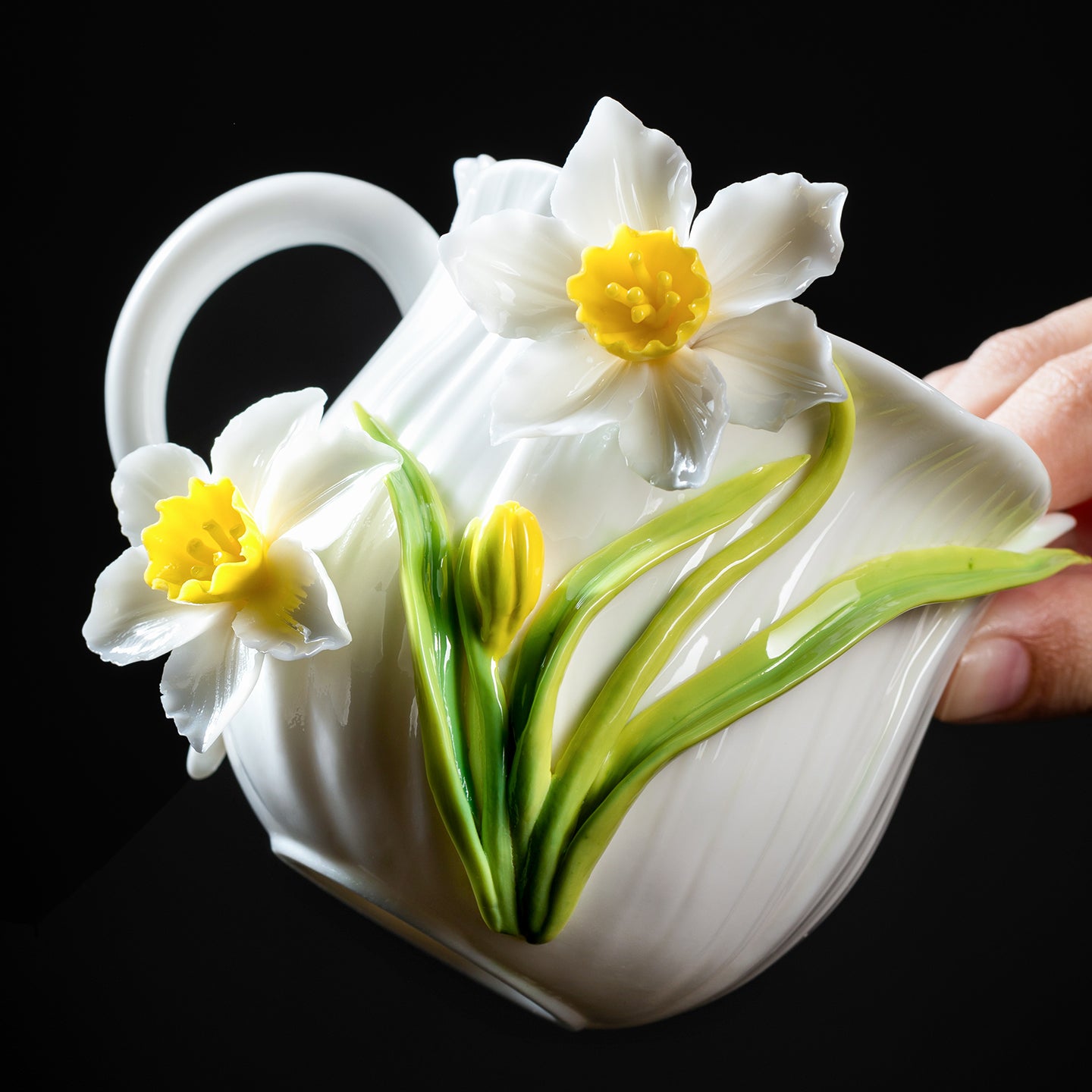 Intangible Cultural Heritage Hand-Sculpted Ceramic Narcissus Flower Water Cup Coffee Mug - 100% Handcrafted