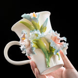 Intangible Cultural Heritage Hand-Sculpted Ceramic Gladiolus Flower Water Cup Coffee Mug (Ice Sea Blue) - 100% Handcrafted