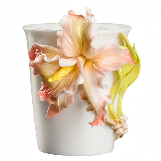 Iris Cola Cup Intangible Cultural Heritage Hand-Sculpted Floral Ceramic Mug Coffee Cup - 100% Handcrafted