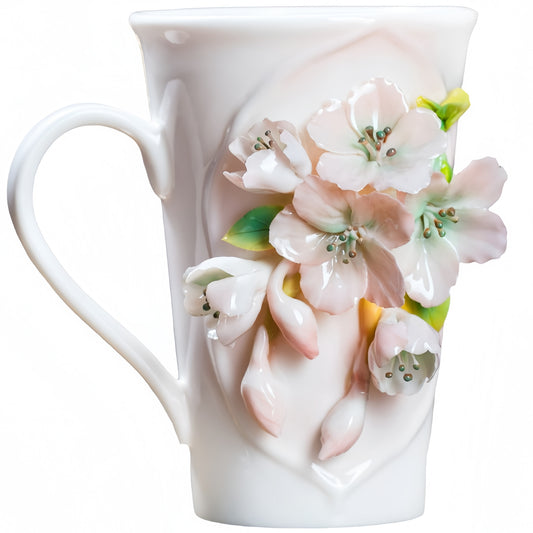 Intangible Cultural Heritage Hand-Sculpted Floral Ceramic Pear Blossom Tea Cup & Coffee Cup (Pink) - 100% Handcrafted