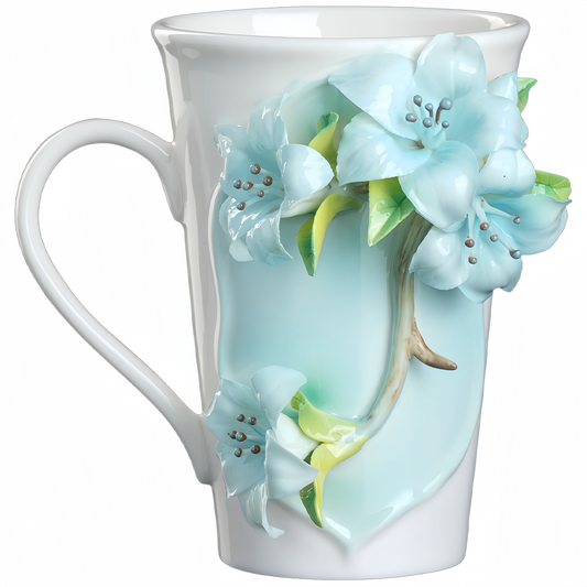 Intangible Cultural Heritage Hand-Sculpted Flower Pottery Rhododendron Tea Cup Coffee Cup (Blue) - 100% Handcrafted