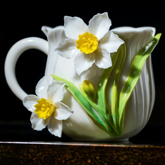 Intangible Cultural Heritage Hand-Sculpted Ceramic Narcissus Flower Water Cup Coffee Mug - 100% Handcrafted