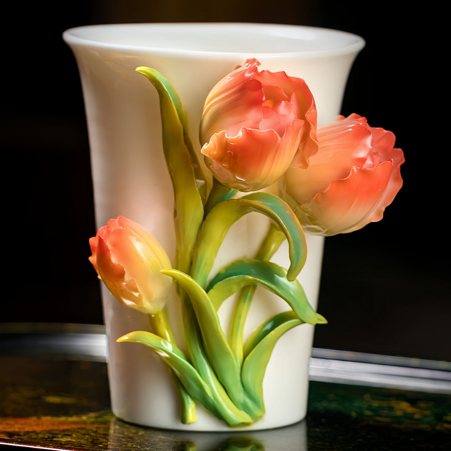 Intangible Cultural Heritage Hand-Sculpted Ceramic Tulip Flower Cola Cup Coffee Mug(red) - 100% Handcrafted