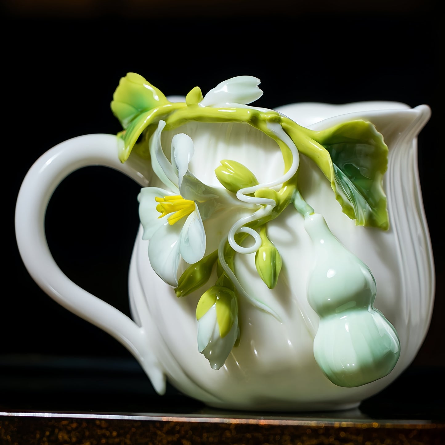 Intangible Cultural Heritage Hand-Sculpted Floral Ceramic Gourd Water Cup Coffee Mug - 100% Handcrafted